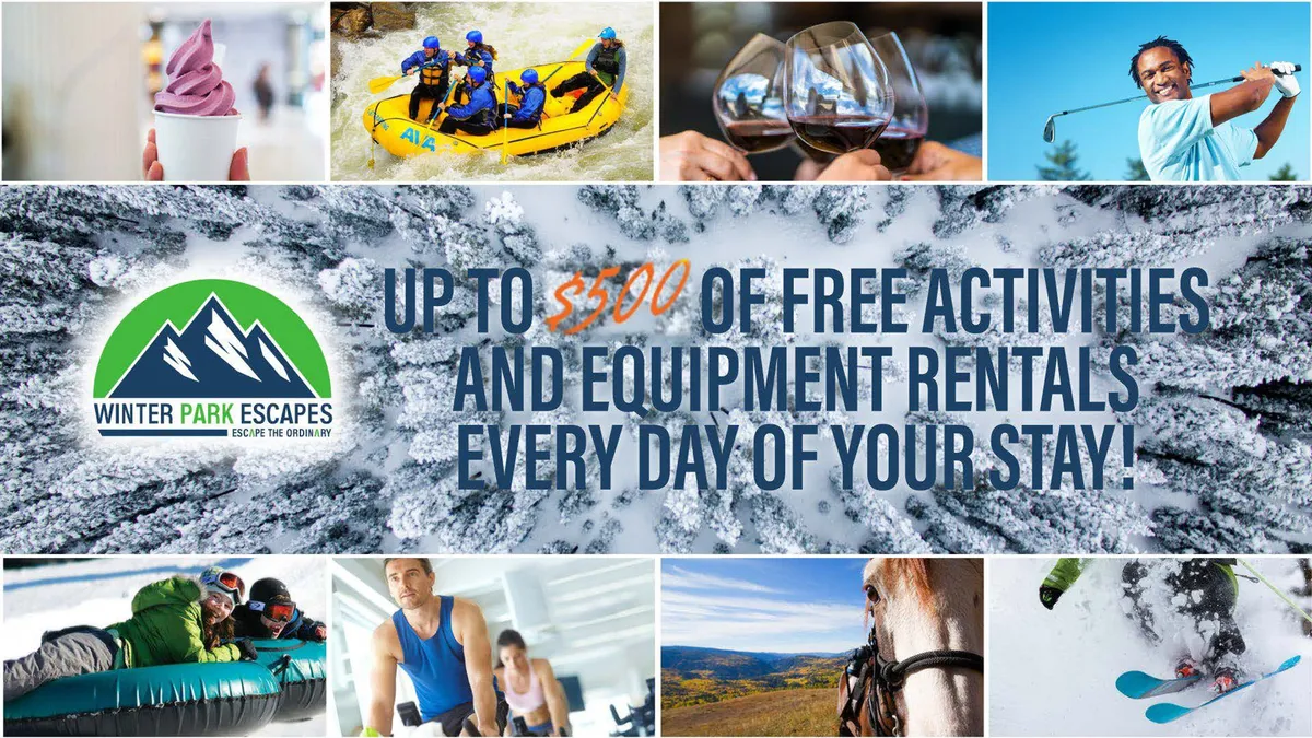 This vibrant exterior image highlights a range of outdoor adventures: guests are shown white-water rafting down a river, skiing on snowy slopes, golfing on lush greens, horseback riding on open trails, savoring ice cream, and enjoying a wine tasting. The backdrop includes breathtaking mountain scenery and hints at year-round activities.