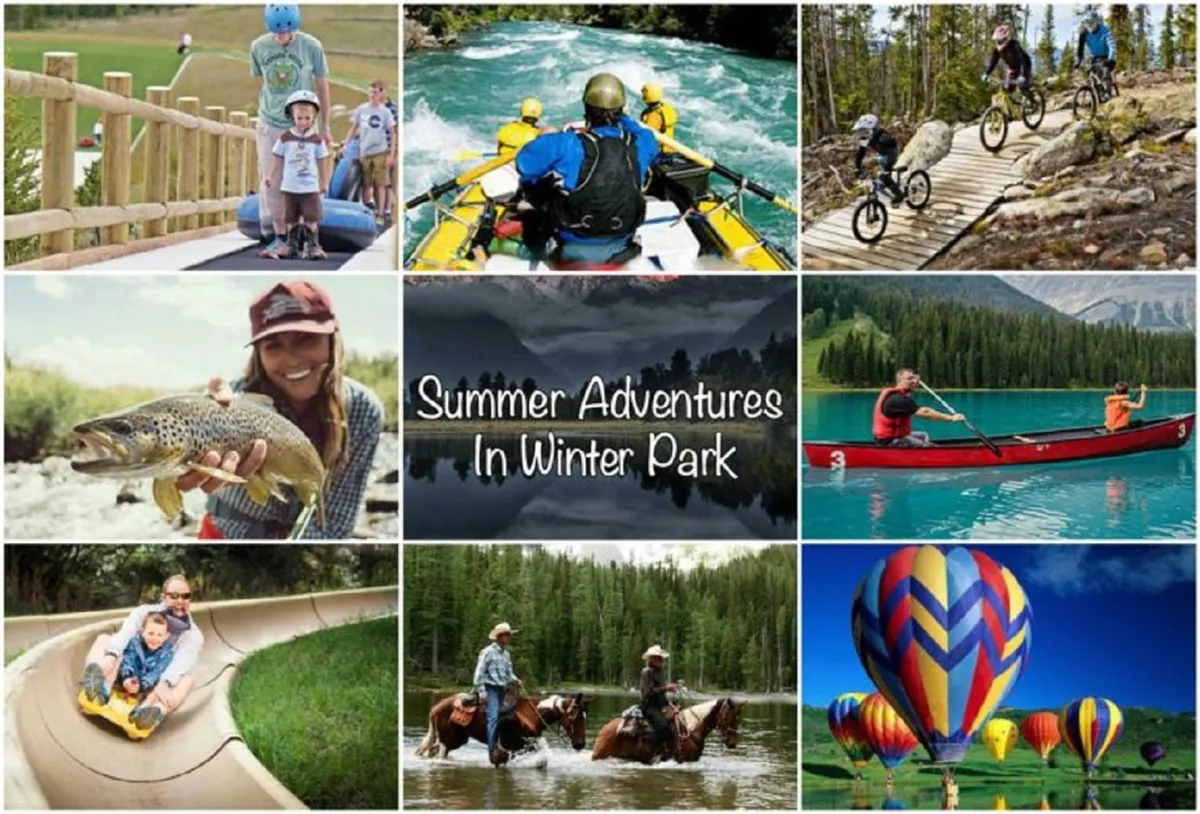 A wide, joyful view of families enjoying the outdoors: kayaking on a serene lake, biking along scenic trails, fishing in a river, children playing on a slide, and hot air balloons rising in the distance. The scene is lively and playful, showing groups of all ages making memories in nature.