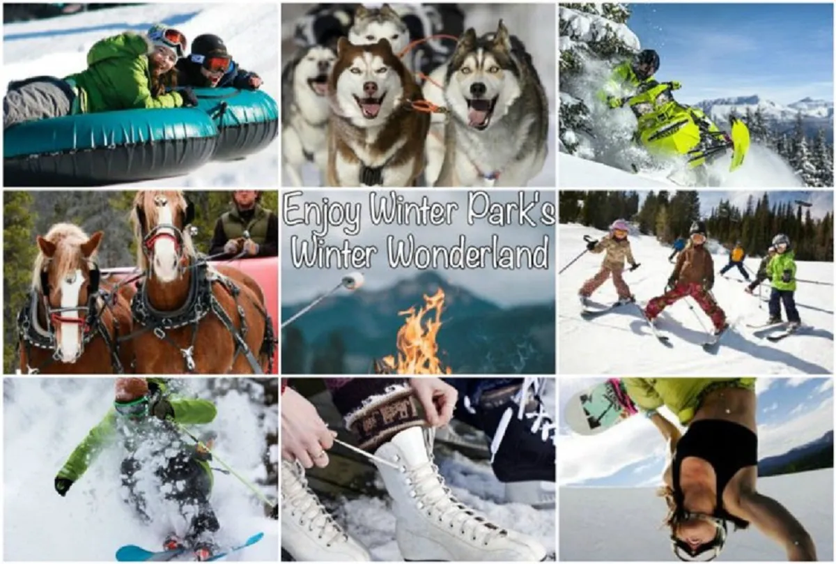 This lively exterior scene captures families and groups enjoying classic winter resort activities: snow tubing, dog sledding, skiing, snowboarding, and children playing in the snow. Festive lights, a campfire, and the presence of happy visitors reinforce the excitement and variety of outdoor adventures available right outside the door.